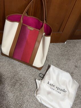kate spade Cream Canvas Tote with Pink & Red Center Stripes